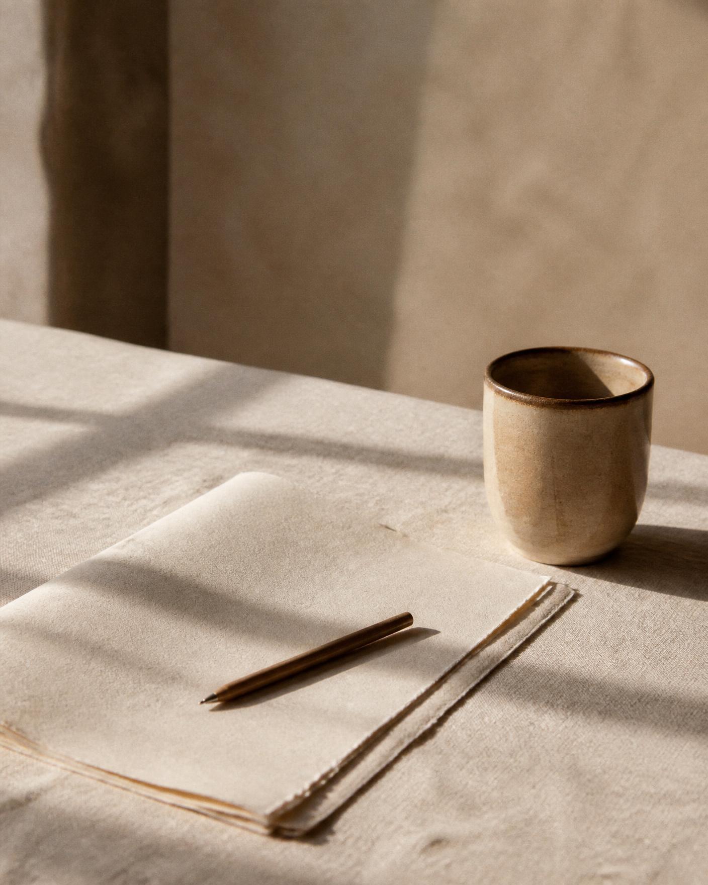 Mesa de trabalho serena com papel, caneta e chávena de cerâmica em luz natural